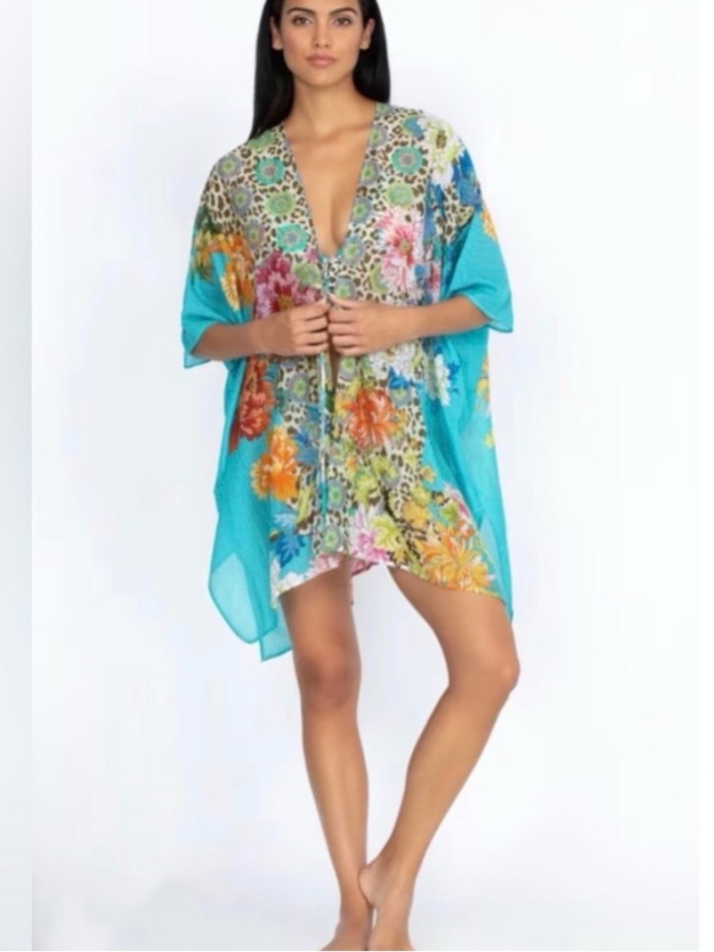 Johnny Was Turquoise Floral Sheer Swim Coverup